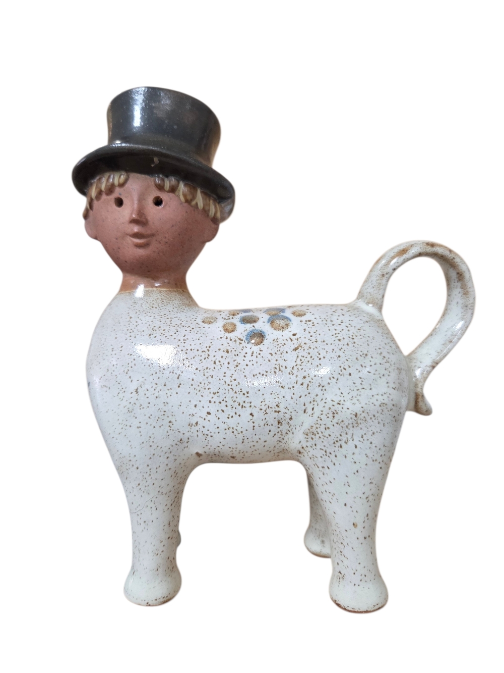Speckled White Ceramic Figurine Pitcher with Black Top Hat
